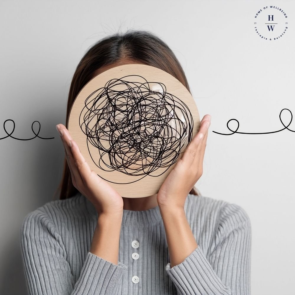 Verhaltenstherapie-Symbolik: Eine Person hält ein wirres Linienknäuel, das sich im Hintergrund geordnet auflöst.