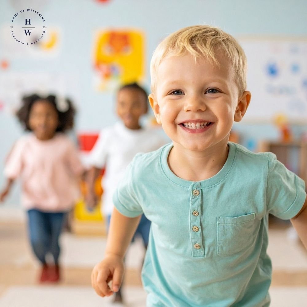 Ein lachender, blondhaariger Junge im hellblauen T-Shirt läuft im Vordergrund auf die Kamera zu, während im unscharfen Hintergrund zwei weitere Kinder in einem hellen Spielzimmer rennen.